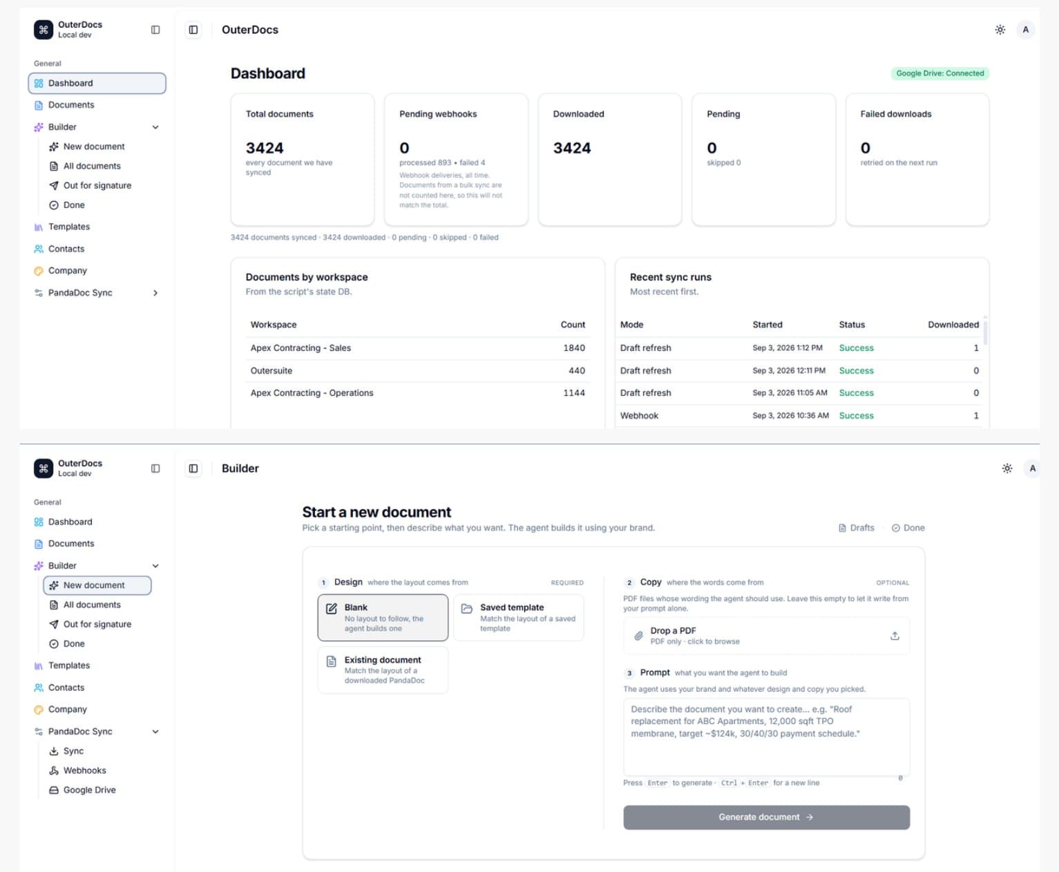 OuterDocs dashboard mockups from the company profile