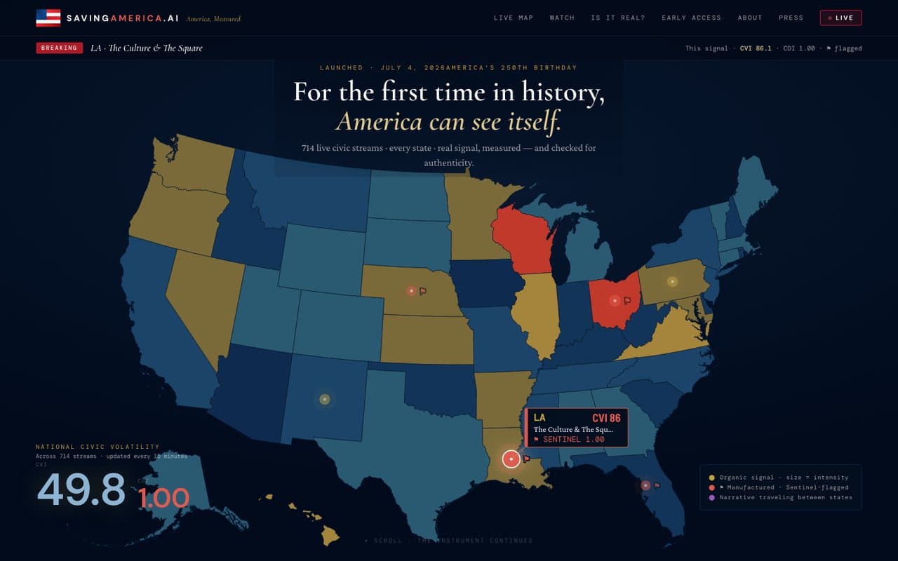 SavingAmerica.ai homepage — a live civic map of the United States